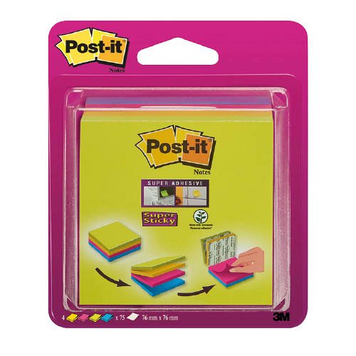Post-it&#174; Super Sticky Easy select jegyzetkocka 76&#215;76 mm, 2014SC-BYFG, 4x75 lap, 4 k&#252;l&#246;nb&#246;ző sz&#237;n